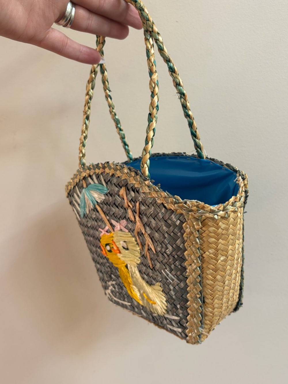 Vintage 1960s / 1970s Woven Straw Raffia Duckling Ducks with Umbrella Mini Purse - Picture 7 of 11